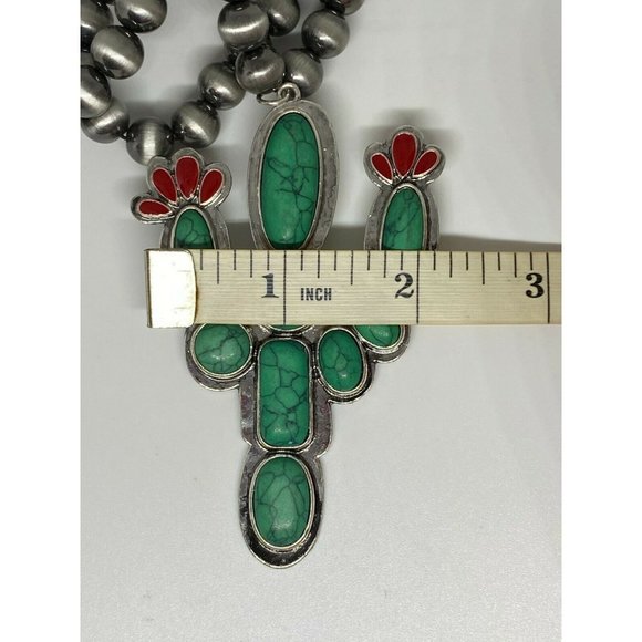 Long western Saguaro Cactus Green Turquoise Flowers Pendant - Picture 7 of 9
